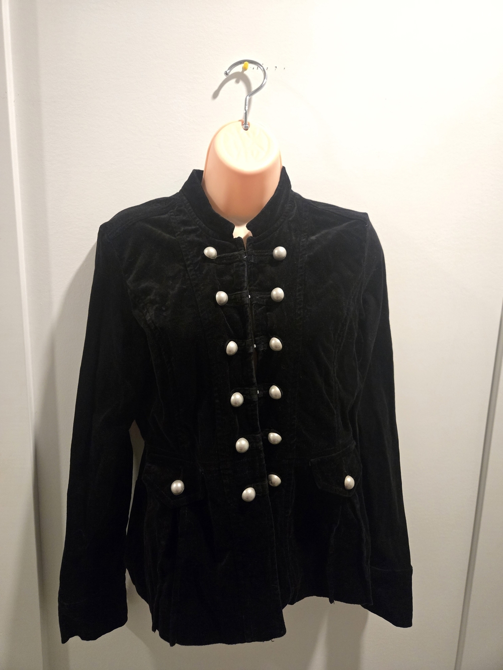 Black Velvet Military-Style Blazer with Pearl Buttons
